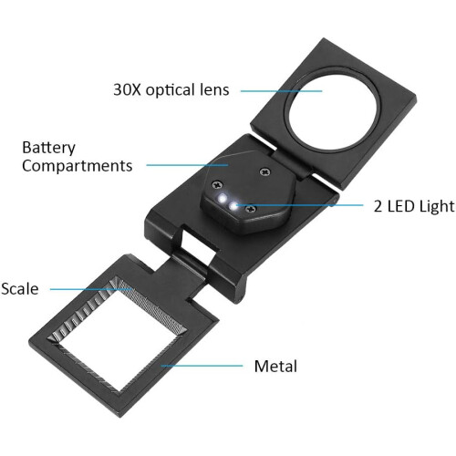 30x Optical Objective with 2 LED Lights, Zinc Alloy Folding Pocket Magnifier 2