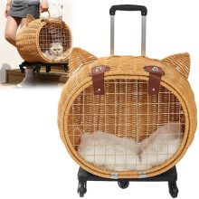 Cat Trolley With Wheels Handmade Bamboo Woven Pet Carrier, Portable Outdoor Rattan Trolley Bag For Cat And Small Dog