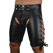 Men's Slip Pants Hipster Patent Leather Wetlook Bandage Hollow Out Open Hip Lingerie Leather Bottom Shorts Pants Briefs Thong with Open Crotch L Black