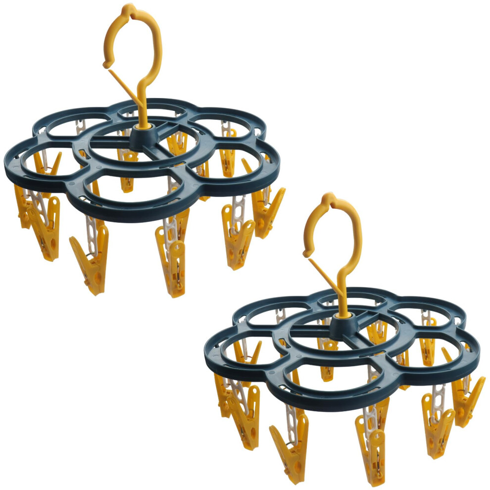 Sock Drying Rack With 16 Clips, 360 Rotating Windproof Hanger For Socks, Underwear And Baby Clothes, Yellow