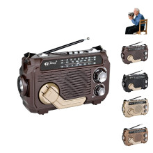 Solar Powered Radio Hand Crank, Portable Vintage Decor, Rechargeable Battery, LED Flashlight for Camping, Dark Brown
