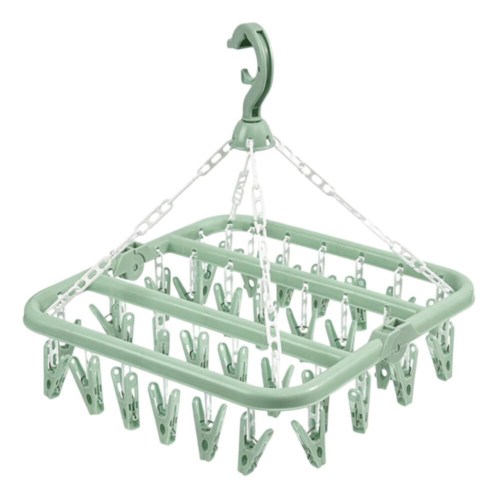 Clothes Drying Rack With 32 Clips, Foldable Sock And Underwear Hanger For Baby Clothes Green