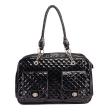 Patent Leather Pet Carrier For Small Dogs Cats, Diamond Quilted Tote With Braided Handle And Silver Chain, On The Go