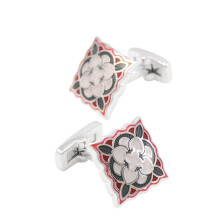 French cufflinks, square pattern, vintage sleeve buttons, men's boutique, business, red back, enamel