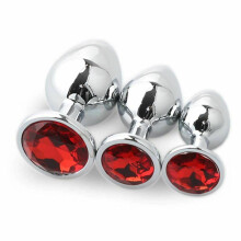 (Red) 3Pcs Stainless Steel Butt Plug Rhinestone Jewel Toys Anal Training