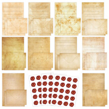 Vintage Paper Letter Set: 50 lined letter sheets, 50 matching envelopes, 60 wax seal stickers for weddings. Ref: 6587