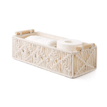 Decorative Storage Boxes For Living Room, Macrame Storage Baskets With Wood Handles, Handmade Craftsmanship For Bathroom Multipurpose Storage, Stylish