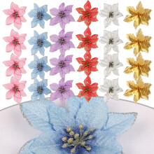 24 Stücke Glitzer, künstliche Weihnachtsblumen, Hochzeits-Weihnachtsbaumkränze, Ornament, Weihnachtsdekorationen für Weihnachten drinnen
