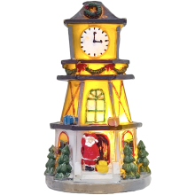 Kompaktes Resin-Uhrturm-Ornament mit LED-Leuchten für festliche Tisch- oder Regaldekoration und detailliert für festliche Atmosphäre