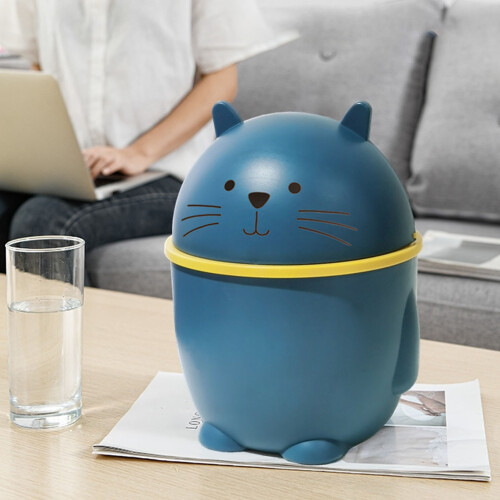 Süßer blauer Kunststoff-Desktop-Mülleimer mit Deckel, 146 g, Mini-Abfalleimer 2