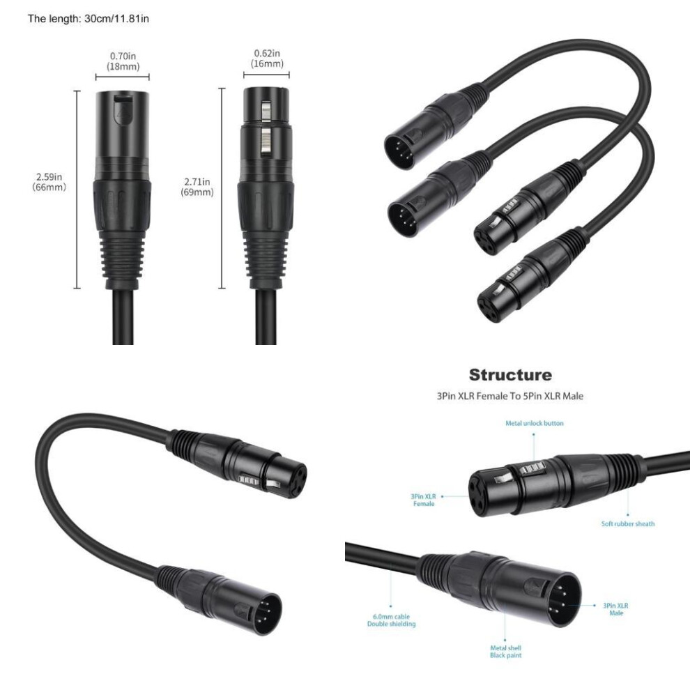5Pin To 3Pin Auditory Conversion Connection Cable For Professional Auditory And Lighting Equipment, 12Inches 6935161509359