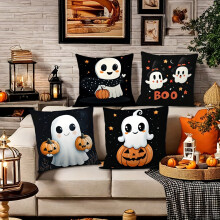 4 Stück Halloween-Wurfkissenbezüge, warm und gemütlich, schwarz mit Geister- und Kürbismuster, mit Reißverschluss, maschinenwaschbar