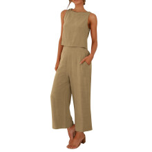 Twopiece women's summer linen pantsuit, sleeveless tank  and 7/8 wideleg pants, solid color, XXL