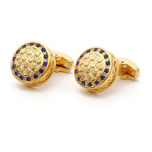 Men's cufflinks for dress shirts, lightweight, luxurious, with inlaid blue crystal, French, round, goldtoned