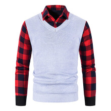 Men's Knitted Jumper Fine Knit Pullover 2in1 Shirt Collar Mock Shirt Insert Cotton Cardigan with VNeck XL Light Grey