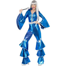 (L, Blue/Silver) Smiffys Womens/Ladies 70s Dancing Dream Costume Jumpsuit