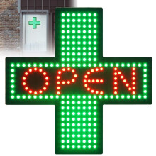 LED Medical Cross Sign 18.8Inch Pharmacy Cross Lamp, Three Visual Modes, Green Light Red Open Letter, Drug Store Display