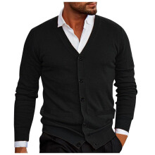 Men's Cardigan Warm Fine Knit Winter Jumper VNeck Casual Button Black