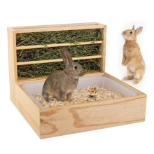 Guinea Pig Feeder, Wooden Hay Dispenser with Stainless Steel Bowls, Mess Proof Design for Small Animal, Easy Assembly 2 in 1 Feeder for Rabbit, Chinch
