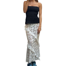 Gonna da donna sexy a vita alta con inserti in pizzo a rete trasparente, orlo a balze, gonna midi leggera e fluida, ideale per l'estate, la spiaggia