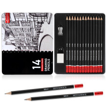 Sketching Pencils 14Count Drawing Pencils in Metal Tin Packaging with Erasers Sharpeners, Graphite Lead, Wood