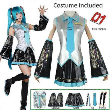 (M,Costume Only)Miku Cosplay Full Set Silver Leather Fabric Suit Miku Cosplay Headwear Costume Outfit JK Sailor Dress High School Uniform Hallowzz29