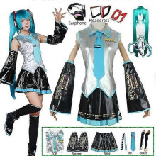 (S,Full Set)Miku Cosplay Full Set Silver Leather Fabric Suit Miku Cosplay Headwear Costume Outfit JK Sailor Dress High School Uniform Hallowzz29