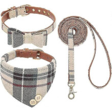UBIUO Bow Tie Dog Collar with Leash Set - Cute Adjustable Classic Plaid Dog Bandana Collar with Bell, Fit for Medium Dogs, Puppies and Cats Outdoor Wa