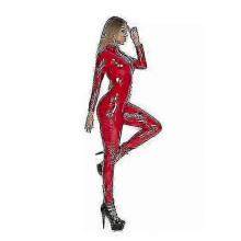 (M,RED)S-5xl Linrie Red Fe Faux Catsuit Pvc Suit Zipper Open Crotch Stretch Jumpsuits