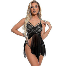 (M,Black)Women Sexy Sheer Lace Babydoll Lingerie Sling Nightdress Thong Set Underwear