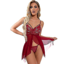 (2XL,Wine Red)Women Sexy Sheer Lace Babydoll Lingerie Sling Nightdress Thong Set Underwear
