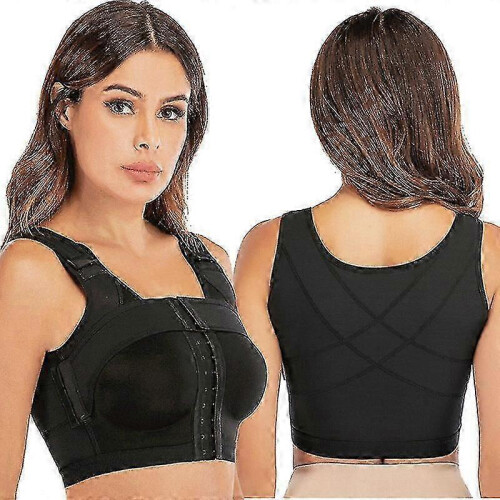 (S Black)Womens Front Closure Bra Post-surgery Posture Corrector Shaper Tops With Breast Support Band A