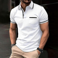 (S,white)2024 Summer POLO shirt button pocket men's casual sports polo shirt"--ZZ1