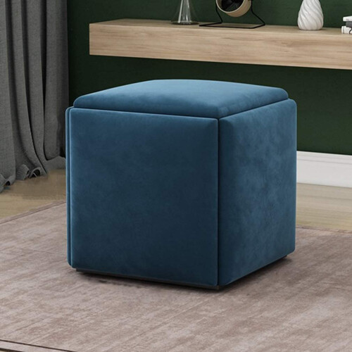 5 in 1 Stackable Ottoman Cube Footrest with Breathable Suede Fabric MultiFunctional Seat Blue Large