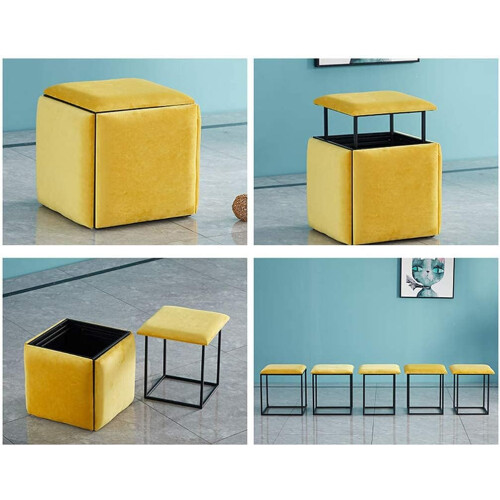5 in 1 Stackable Sofa Chair Stool Breathable Suede Footrest Ottomans Cube Seating Yellow S 2