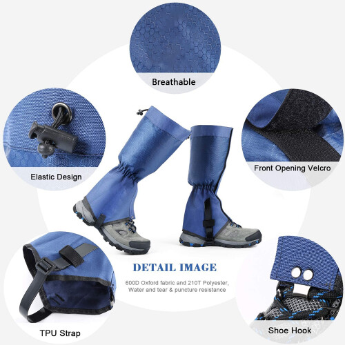 Explorers' Essential: Adjustable Strap Waterproof Gaiters, Metal Shoelace Hook, Lightweight And Compact 2
