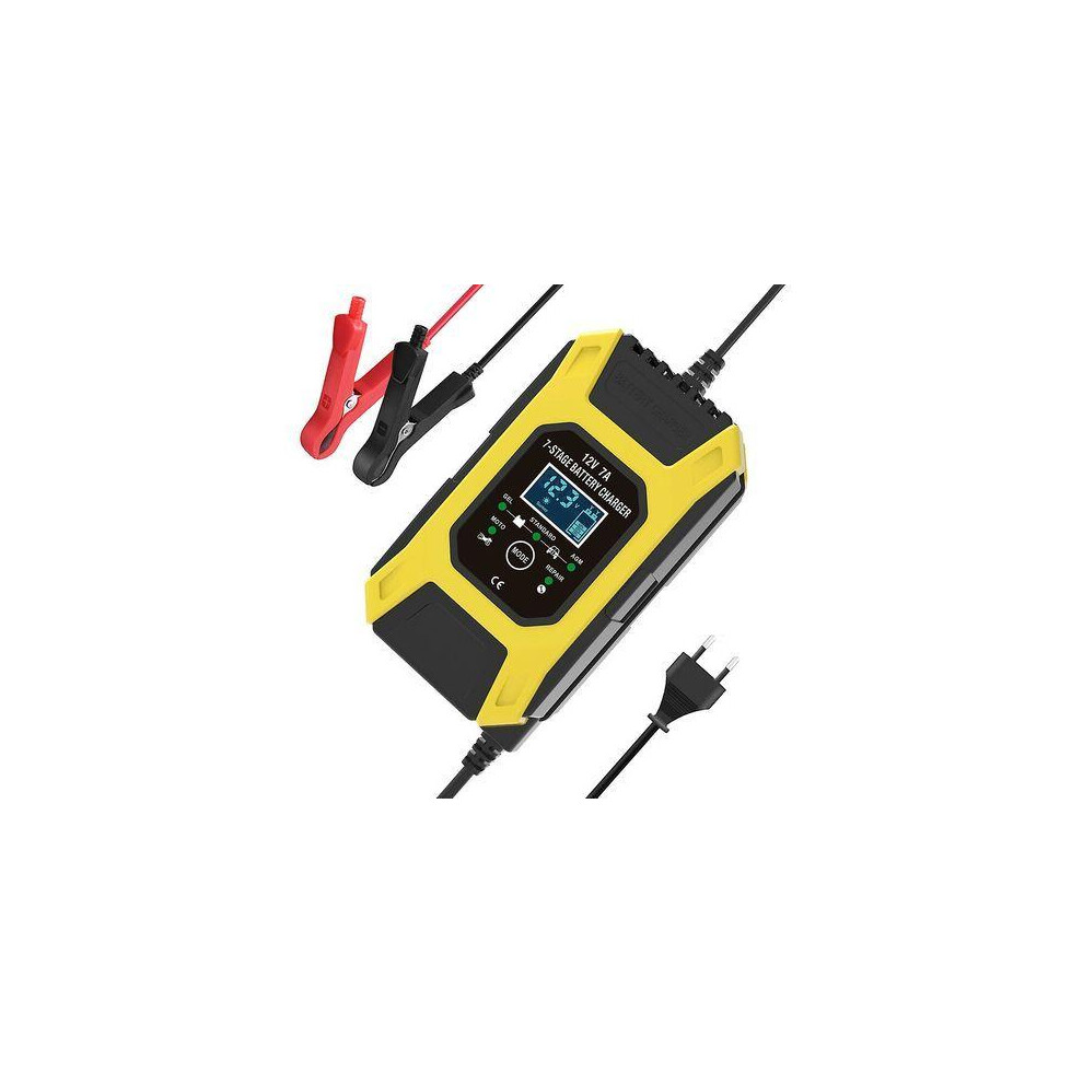 Intelligent Battery Charger, Smart Maintainer For Lead-Acid Batteries With Pulse Reconditioning And Backlit Lcd Screen, Portable 7A/12V Charger Yellow 9148971751512