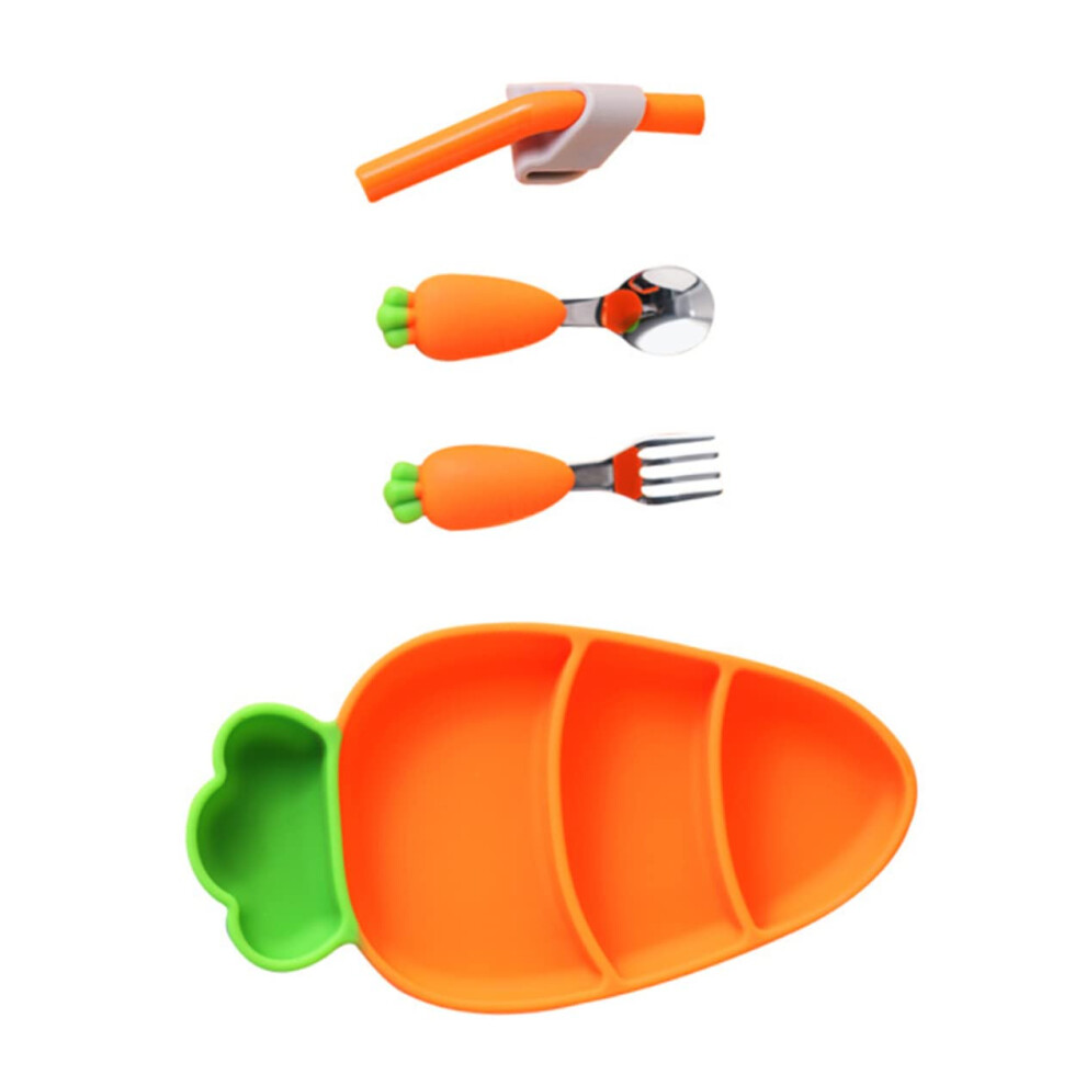 Baby Weaning Set Carrot Shaped Plate Spoon Fork Ergonomic Design Safe Silicone Toddler Feeding Utensils