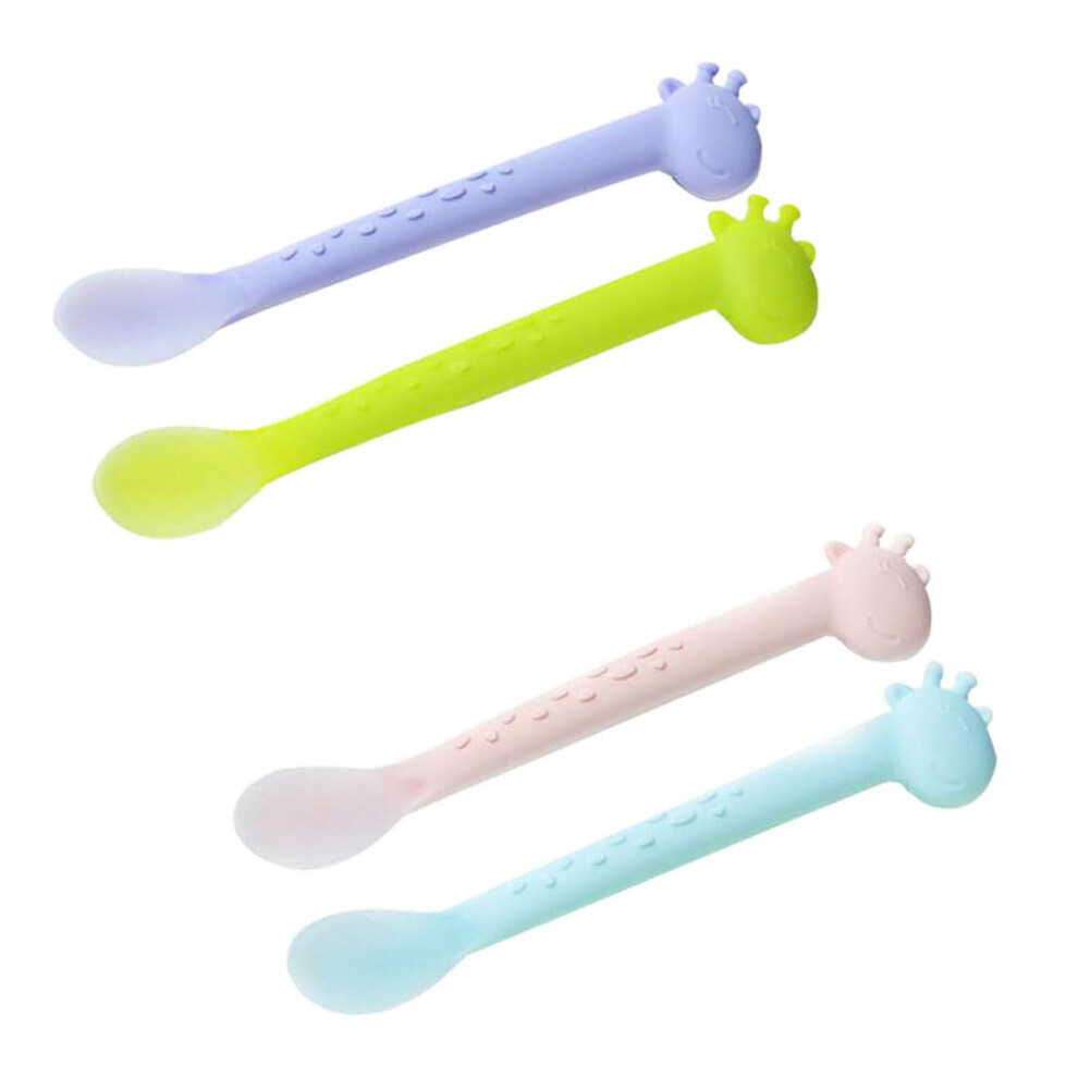 Baby Feeding Spoon Set Silicone Soft Tip Ergonomic Cartoon Colors for Newborn Infant 4pcs