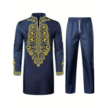 Men's African 2Piece Set Muslim Dashiki Traditional Suit Long Sleeve Ramadan Kaftan Trousers