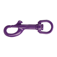 Onesided diving clip, secure grip. Strong and wearresistant. Erosion resistant. Precise recoil. Rotating eye screw. Carabiner hook (purple).