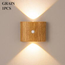 (Wood grain-CCT) PIR Sensor Wireless Wall Lamp DC5V USB Rechargeable Magnetic Installation Bedside Light Staircase Aisle Corridor ABS Night Light
