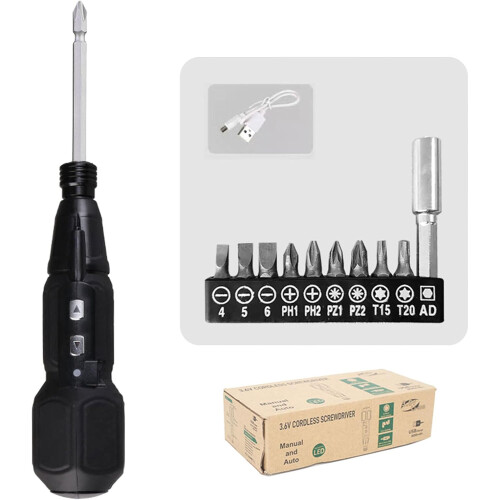 Electric Screwdriver Adjustable Speed 3.6V USB Rechargeable Cordless With LED Light Removable Bits 2