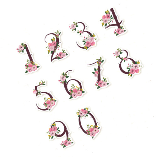 Type 1 30P Floral Number Stickers, Self-Adhesive