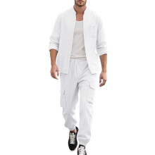 Linen Suit Men Summer Light TwoPiece Linen Shirt with Pants XXL White