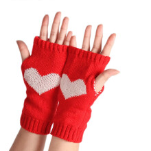 (Red) Knitted UV for Protection Half Finger Gloves Women Arm Warmers with Heart Pattern Warm Half Finger Mittens with Long Sle  White