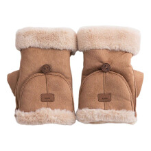 (Khaki) Women Winter Suede Gloves Thickened Convertible Fingerless Mittens Fleece-lined Warm Gloves with Fluffy Cuffs for Outdoor Cycling Hiking