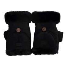 (Black) Women Winter Suede Gloves Thickened Convertible Fingerless Mittens Fleece-lined Warm Gloves with Fluffy Cuffs for Outdoor Cycling Hiking