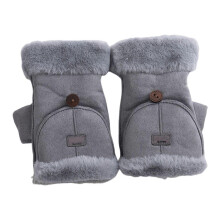 (Grey) Women Winter Suede Gloves Thickened Convertible Fingerless Mittens Fleece-lined Warm Gloves with Fluffy Cuffs for Outdoor Cycling Hiking