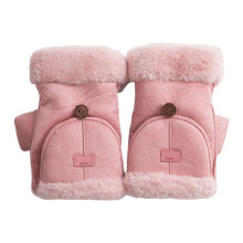 (Pink) Women Winter Suede Gloves Thickened Convertible Fingerless Mittens Fleece-lined Warm Gloves with Fluffy Cuffs for Outdoor Cycling Hiking